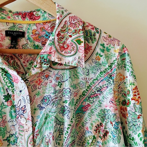 Talbots Tops - Talbots Pink & Green Paisley Floral Button Down Collared Cotton Shirt Size X